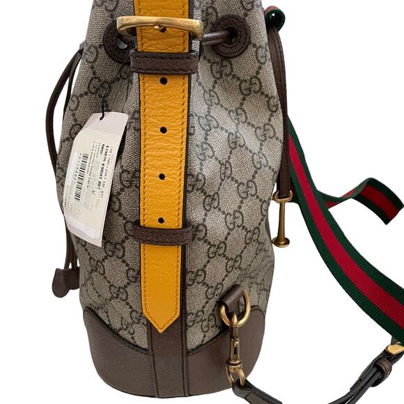 New GUCCI Neo Vintage GG Supreme Bucket Backpack Tiger Head Logo Drawstring Tan - Picture 6 of 16